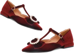 LEHOOR Women Pointed Toe Mary Jane Flats T-Strap Bow Velvet Flat Shoes Pearl Buckle Comfort 1 Inch Low Chunky Heel Dress Shoes Ankle Strap Vintage Elegant Party Wedding Bridal Flats 4-9.5 M US