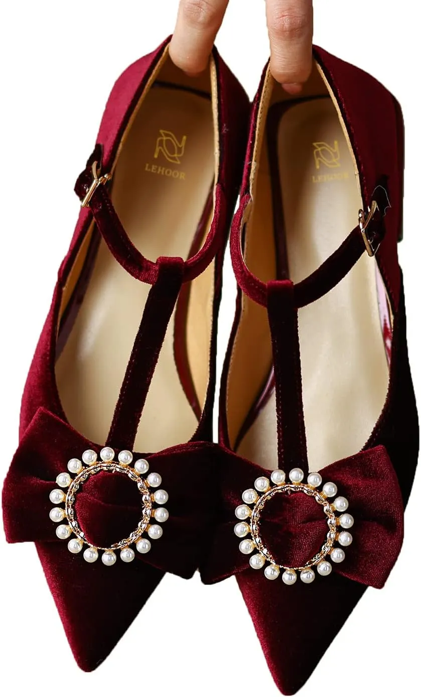 LEHOOR Women Pointed Toe Mary Jane Flats T-Strap Bow Velvet Flat Shoes Pearl Buckle Comfort 1 Inch Low Chunky Heel Dress Shoes Ankle Strap Vintage Elegant Party Wedding Bridal Flats 4-9.5 M US