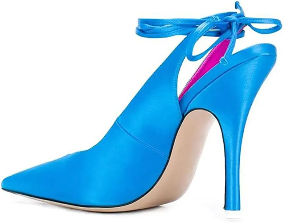 LEMUTISME Women's Sexy Pointed Toe Pumps Summer Lace-up Satin Stiletto High Heels Dressy Slingback Shoes for Party Evening