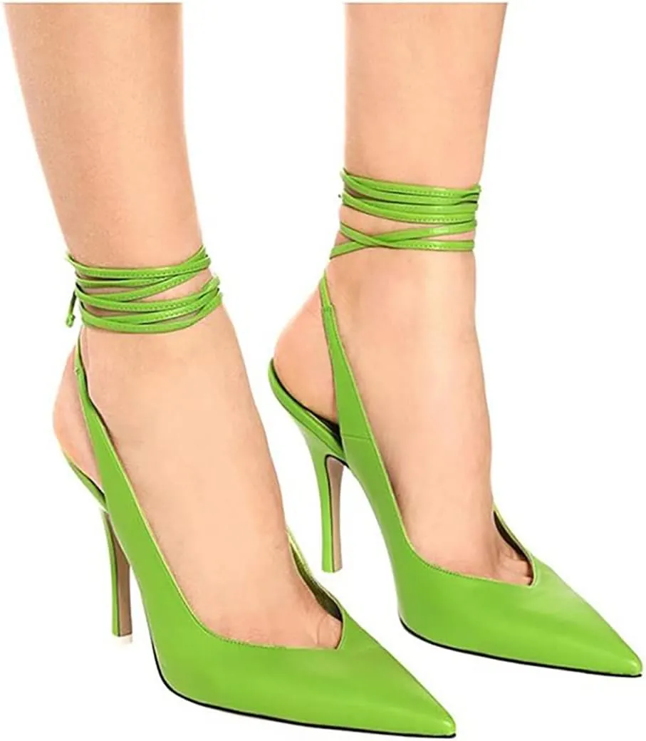LEMUTISME Women's Sexy Pointed Toe Pumps Summer Lace-up Satin Stiletto High Heels Dressy Slingback Shoes for Party Evening