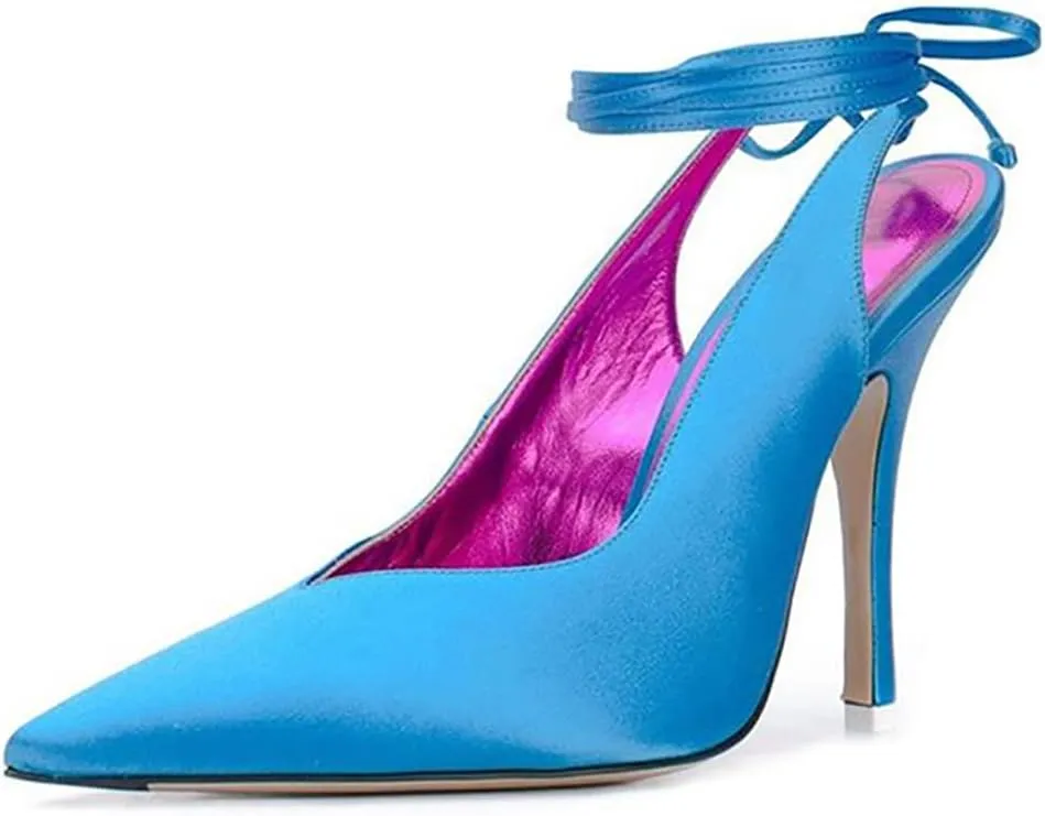 LEMUTISME Women's Sexy Pointed Toe Pumps Summer Lace-up Satin Stiletto High Heels Dressy Slingback Shoes for Party Evening