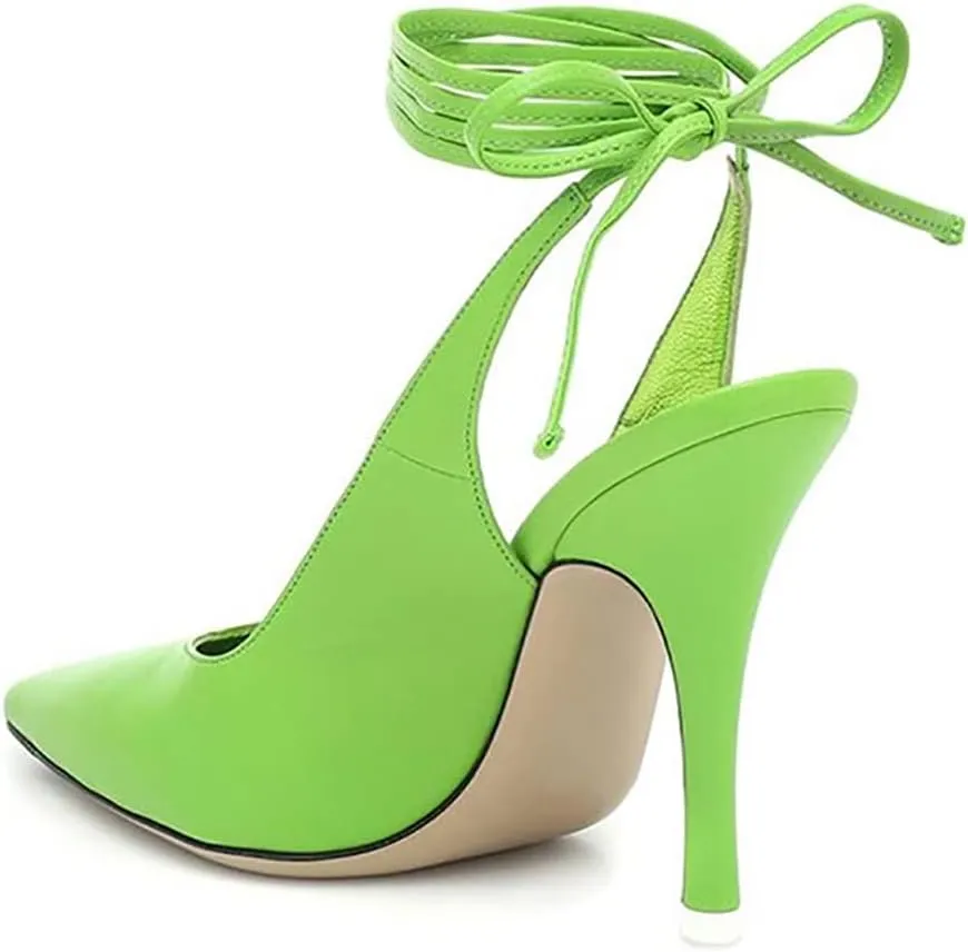 LEMUTISME Women's Sexy Pointed Toe Pumps Summer Lace-up Satin Stiletto High Heels Dressy Slingback Shoes for Party Evening