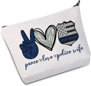LEVLO Police Officer Wife Cosmetic Make Up Bag Proud Police Wife Gift Peace Love Police Wife Make Up Zipper Pouch Bag For Police Wife Fiancee (Peace Love Police Wife)
