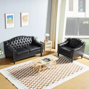 LEVNARY 2-Piece Couch Set for Living Room, Black Leather Sofa Chesterfield Couch with Button Tufted Design, Armchair & Loveseat Sectional Furniture Set for Apartment Home Office (Black,1 2)
