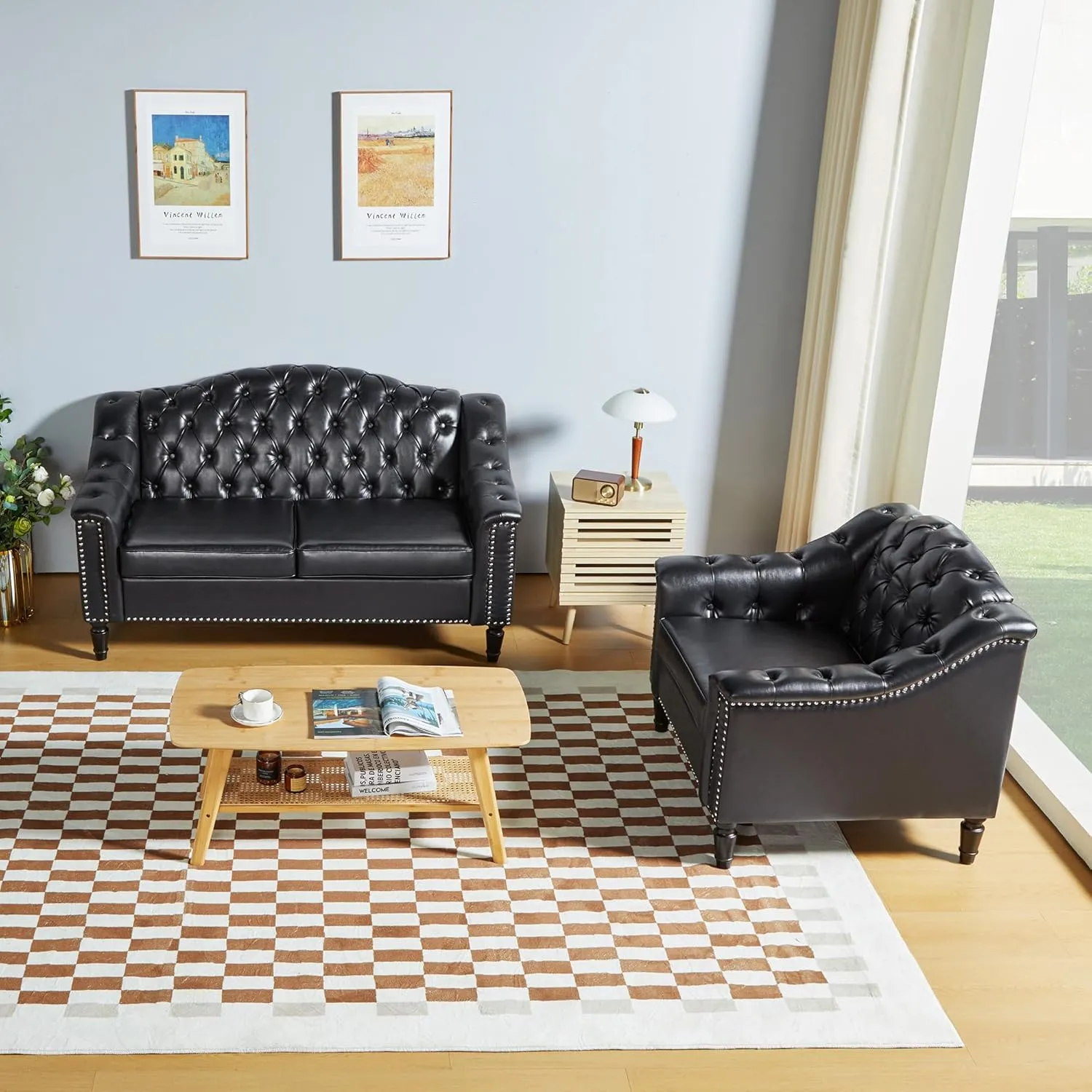 LEVNARY 2-Piece Couch Set for Living Room, Black Leather Sofa Chesterfield Couch with Button Tufted Design, Armchair & Loveseat Sectional Furniture Set for Apartment Home Office (Black,1 2)