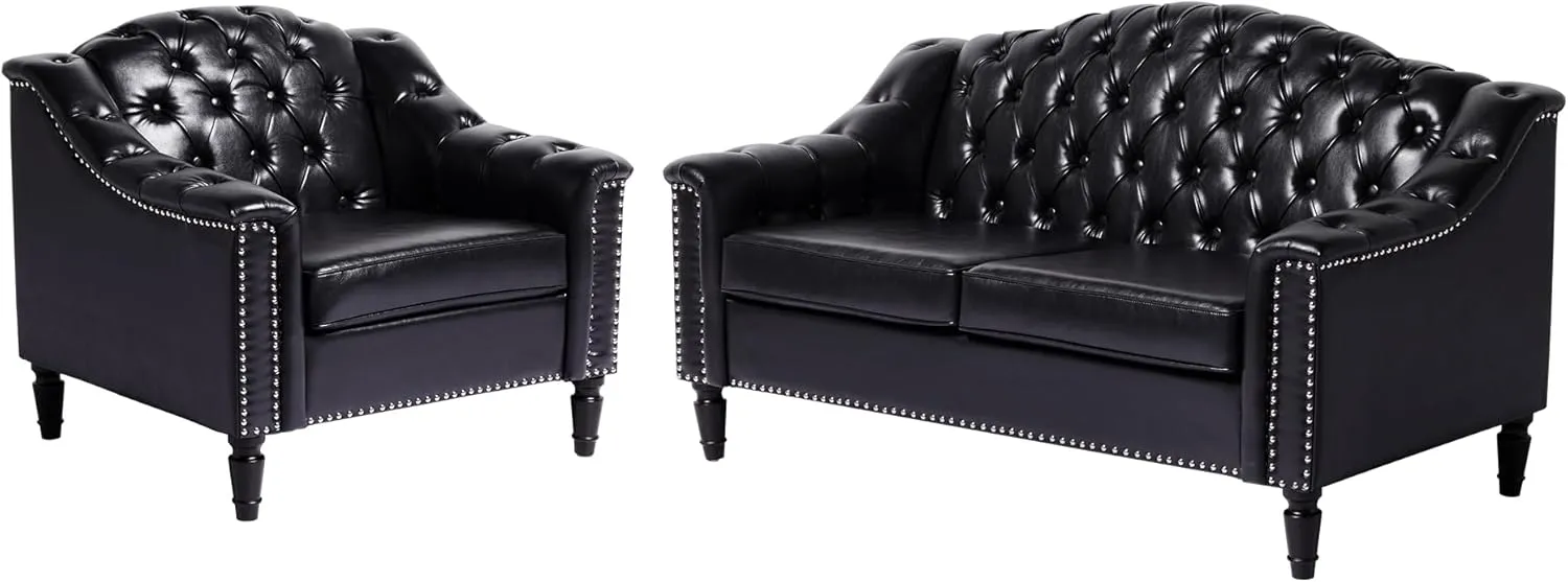 LEVNARY 2-Piece Couch Set for Living Room, Black Leather Sofa Chesterfield Couch with Button Tufted Design, Armchair & Loveseat Sectional Furniture Set for Apartment Home Office (Black,1 2)