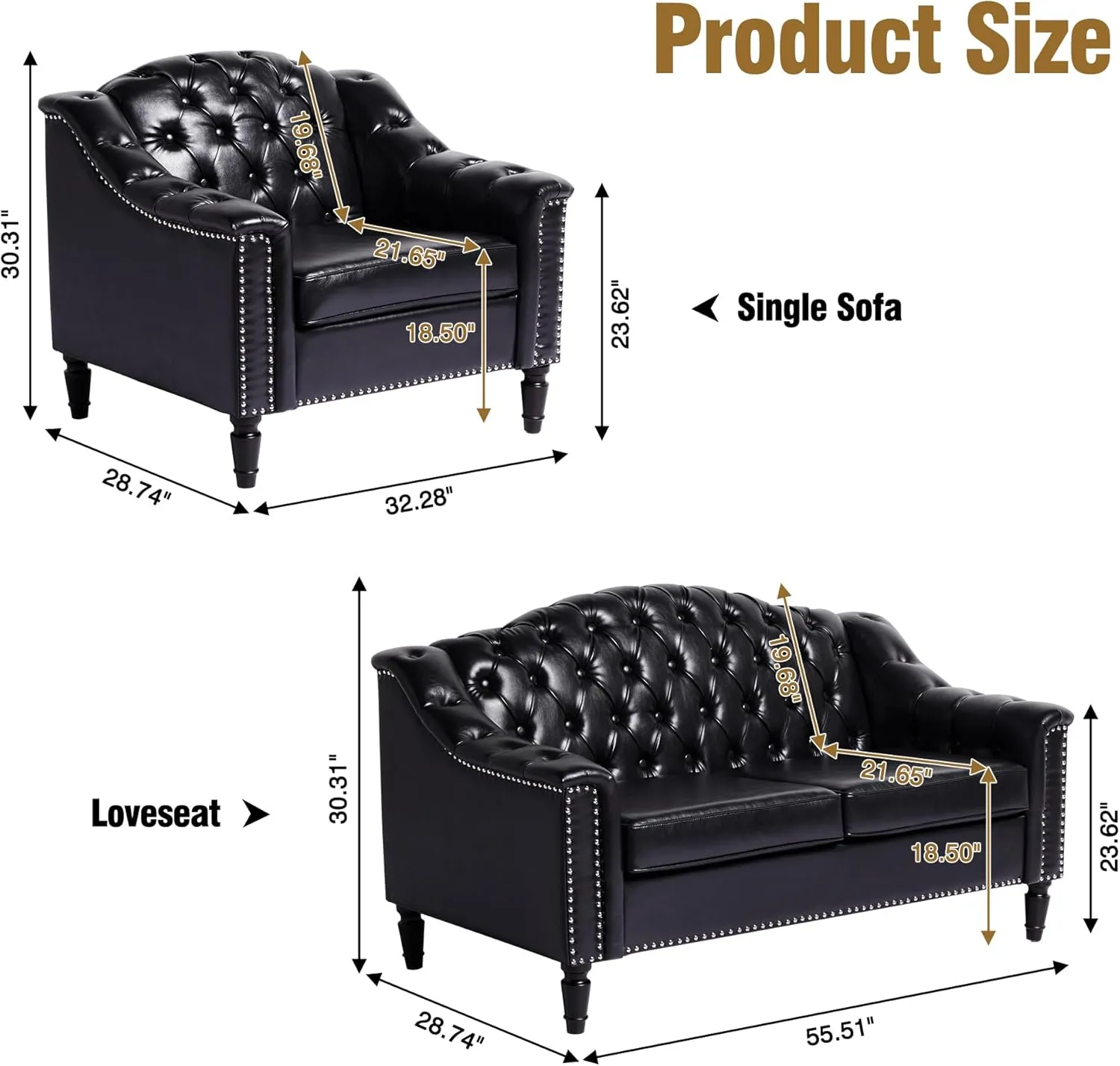LEVNARY 2-Piece Couch Set for Living Room, Black Leather Sofa Chesterfield Couch with Button Tufted Design, Armchair & Loveseat Sectional Furniture Set for Apartment Home Office (Black,1 2)