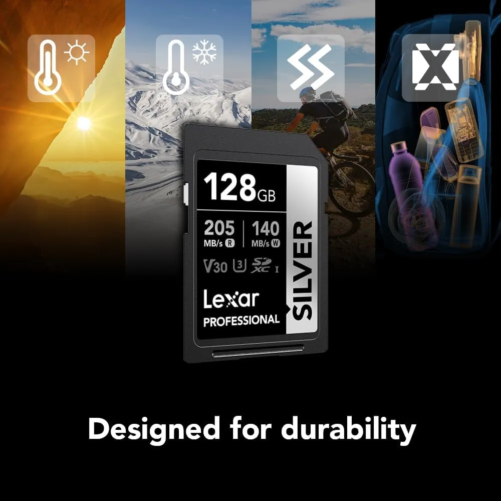 Lexar 128GB Professional Silver SD Card, UHS-I, C10, U3, V30, 4K, Up to 205/140 MB/s SDXC Memory Card, for Professional Photographer, Videographer, Enthusiast (LSDSILV128G-BNNNU)