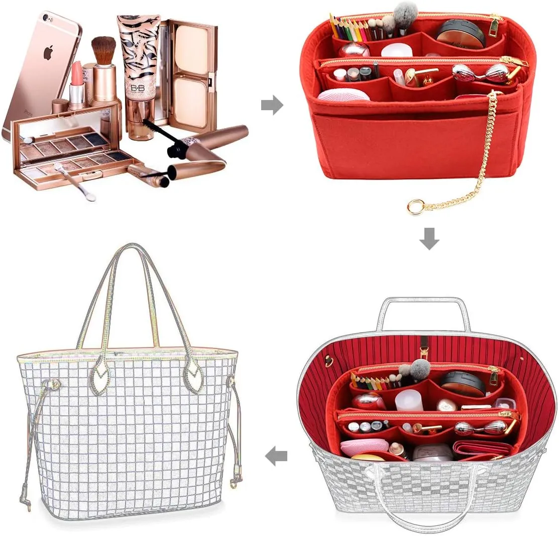 LEXSION 3 in 1 Felt Purse Organizer Insert Bag in Bag with a Bottle Holder Shaper 8026 Red M