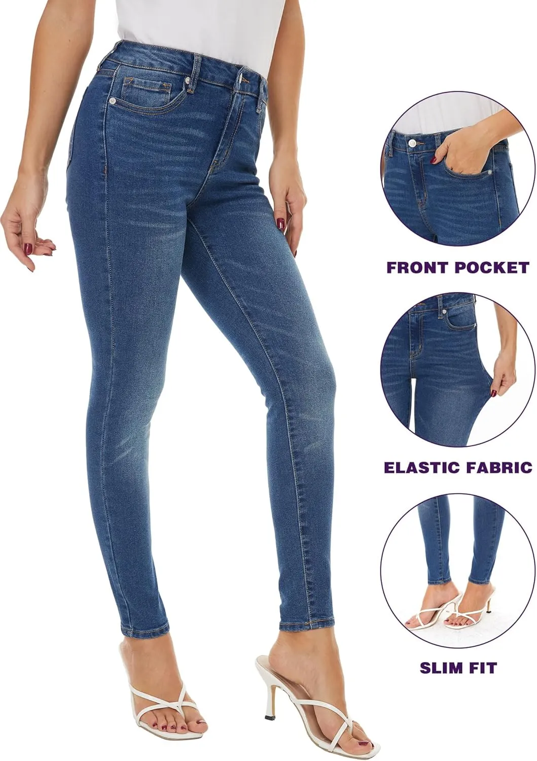 LICTZNEE Womens Skinny Jeans Mid Rise, Stretch Denim Jean Slim Fit Leg Elastic Waist Pants with Pockets