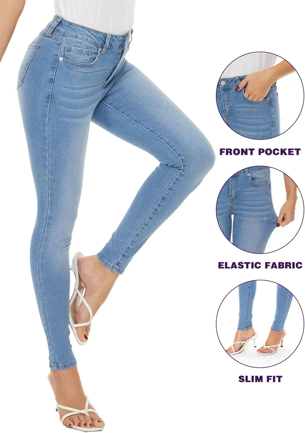 LICTZNEE Womens Skinny Jeans Mid Rise, Stretch Denim Jean Slim Fit Leg Elastic Waist Pants with Pockets
