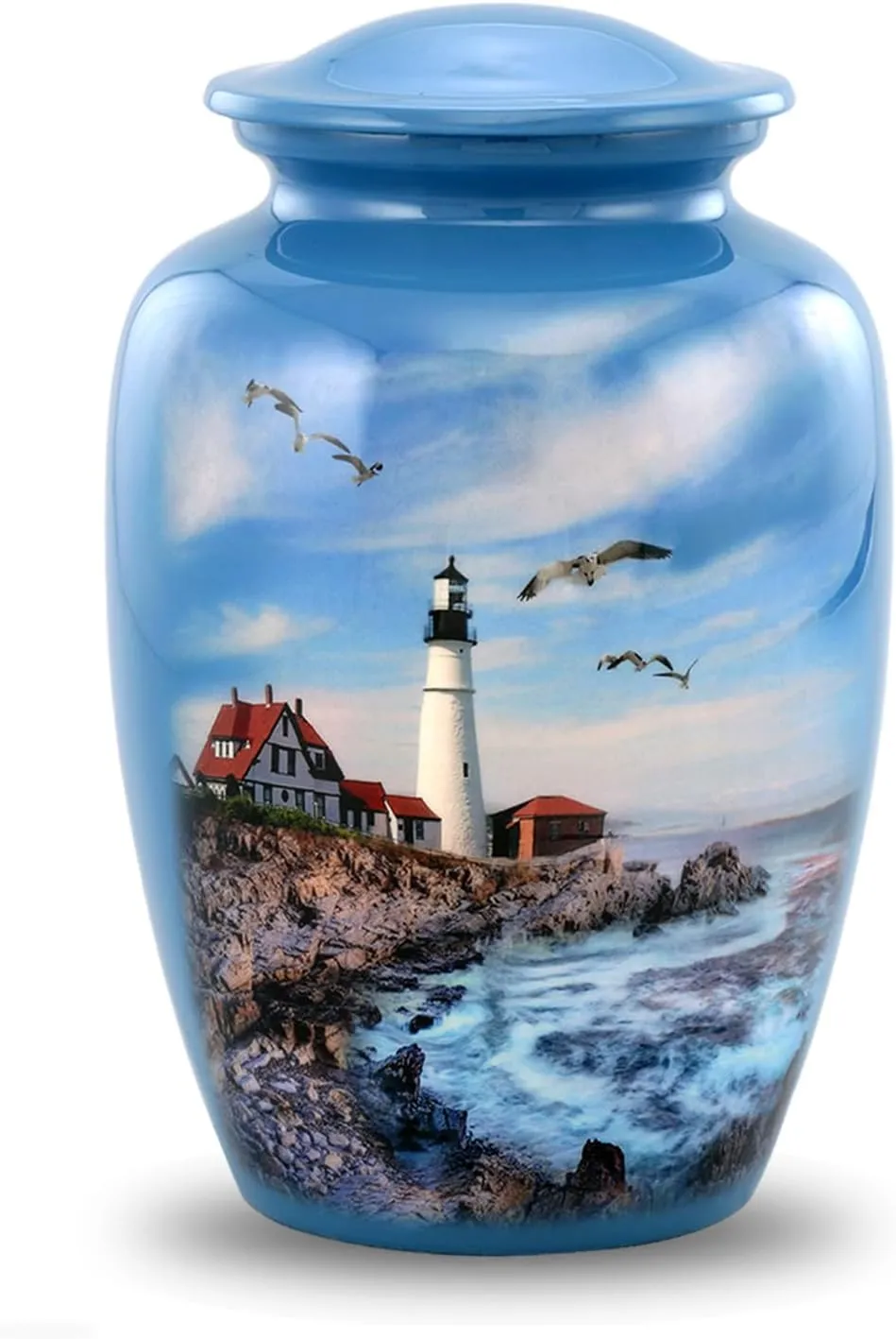 Lighthouse Urn - Full Size Portland Head Lighthouse Cremation Urn – Adult Urns for Men and Women – Ocean Blue Funeral and Memorial Urns for Human Ashes Upto 210 Lbs with Velvet Bag (Large)