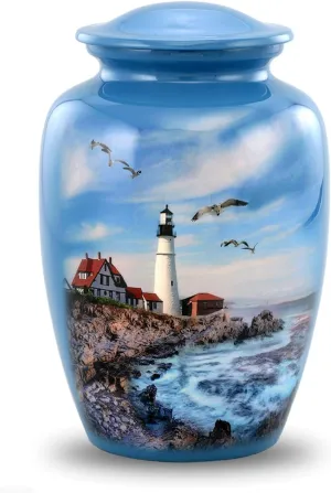Lighthouse Urn - Full Size Portland Head Lighthouse Cremation Urn – Adult Urns for Men and Women – Ocean Blue Funeral and Memorial Urns for Human Ashes Upto 210 Lbs with Velvet Bag (Large)