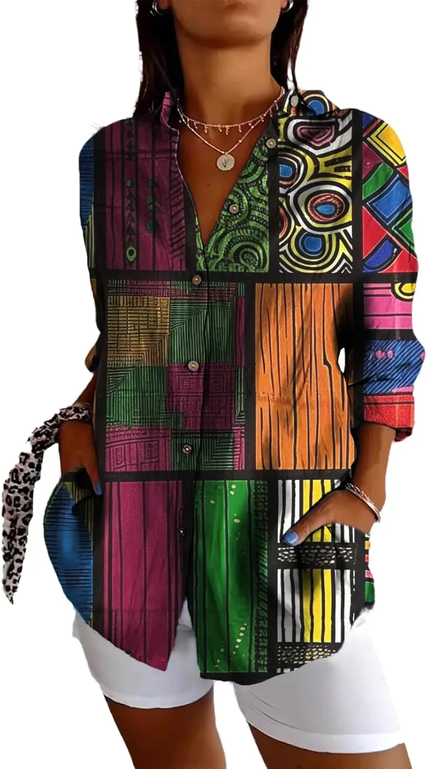 Linen Long Sleeve Shirt Women Bohemian Cool Graphic V Neck Collar Three-Quarter Sleeve Oversized Blouses