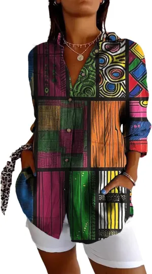 Linen Long Sleeve Shirt Women Bohemian Cool Graphic V Neck Collar Three-Quarter Sleeve Oversized Blouses
