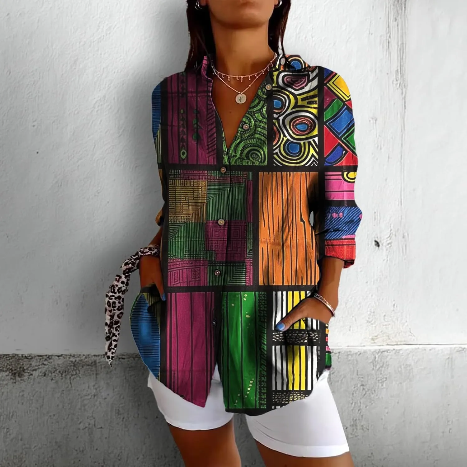 Linen Long Sleeve Shirt Women Bohemian Cool Graphic V Neck Collar Three-Quarter Sleeve Oversized Blouses