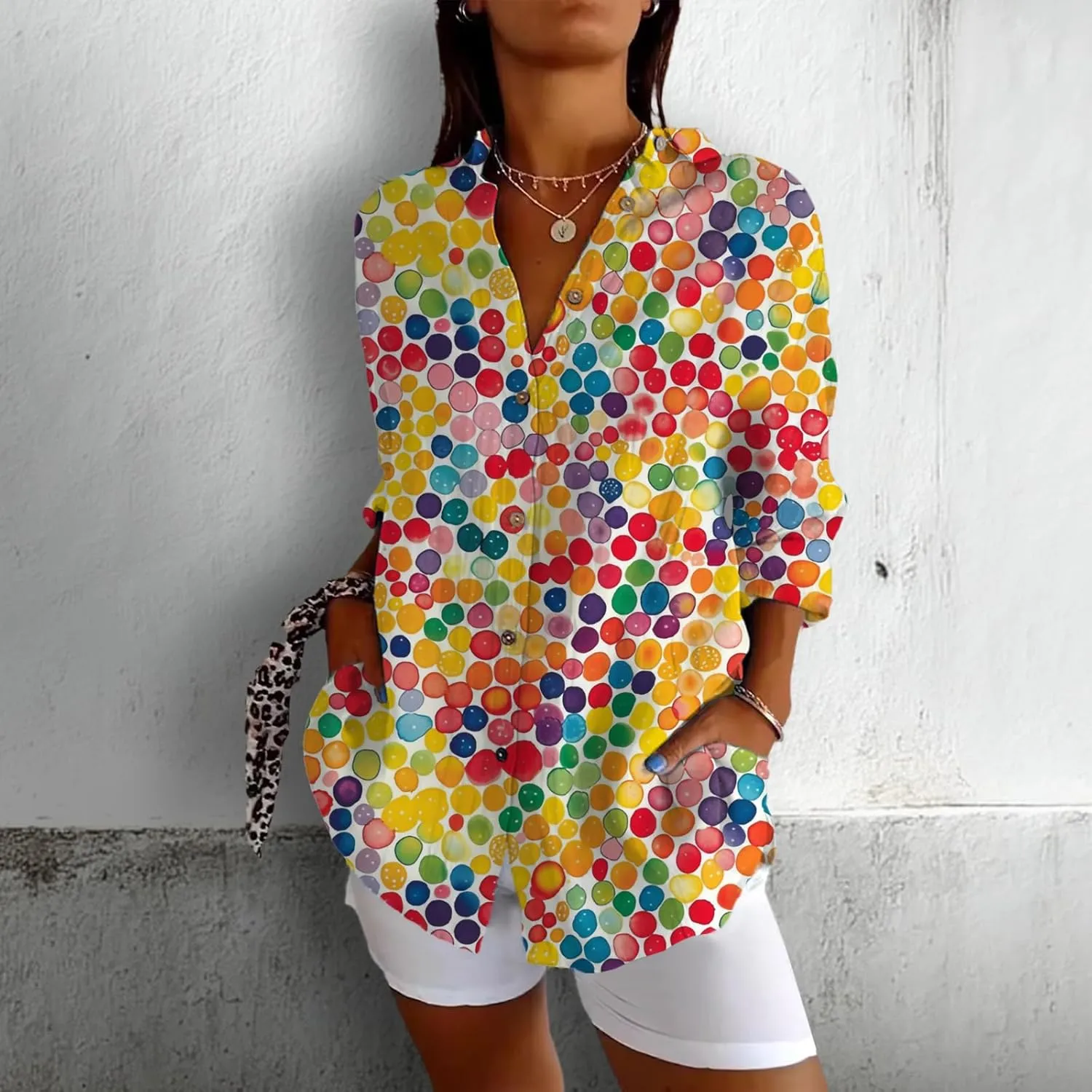 Linen Long Sleeve Shirt Women Bohemian Cool Graphic V Neck Collar Three-Quarter Sleeve Oversized Blouses