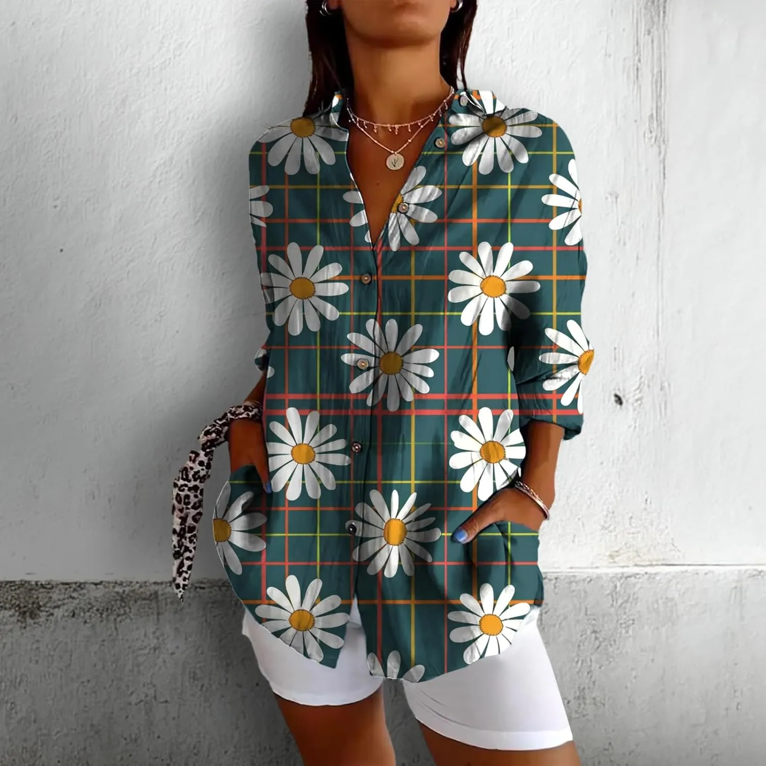 Linen Long Sleeve Shirt Women Bohemian Cool Graphic V Neck Collar Three-Quarter Sleeve Oversized Blouses