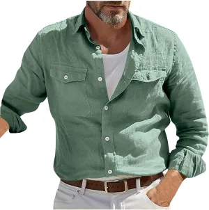 Linen Shirt Men Long Sleeve Solid Color Cotton Linen Button Down Tees with Pockets 2025 Spring Casual Blouses Top