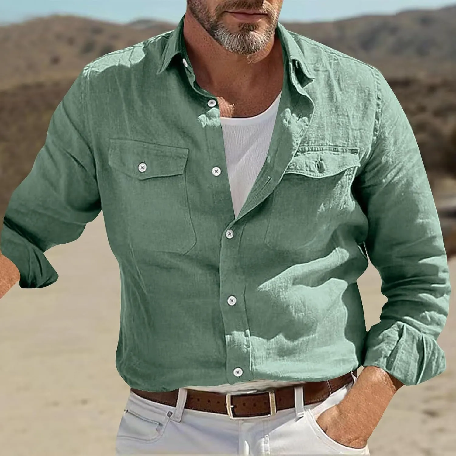 Linen Shirt Men Long Sleeve Solid Color Cotton Linen Button Down Tees with Pockets 2025 Spring Casual Blouses Top