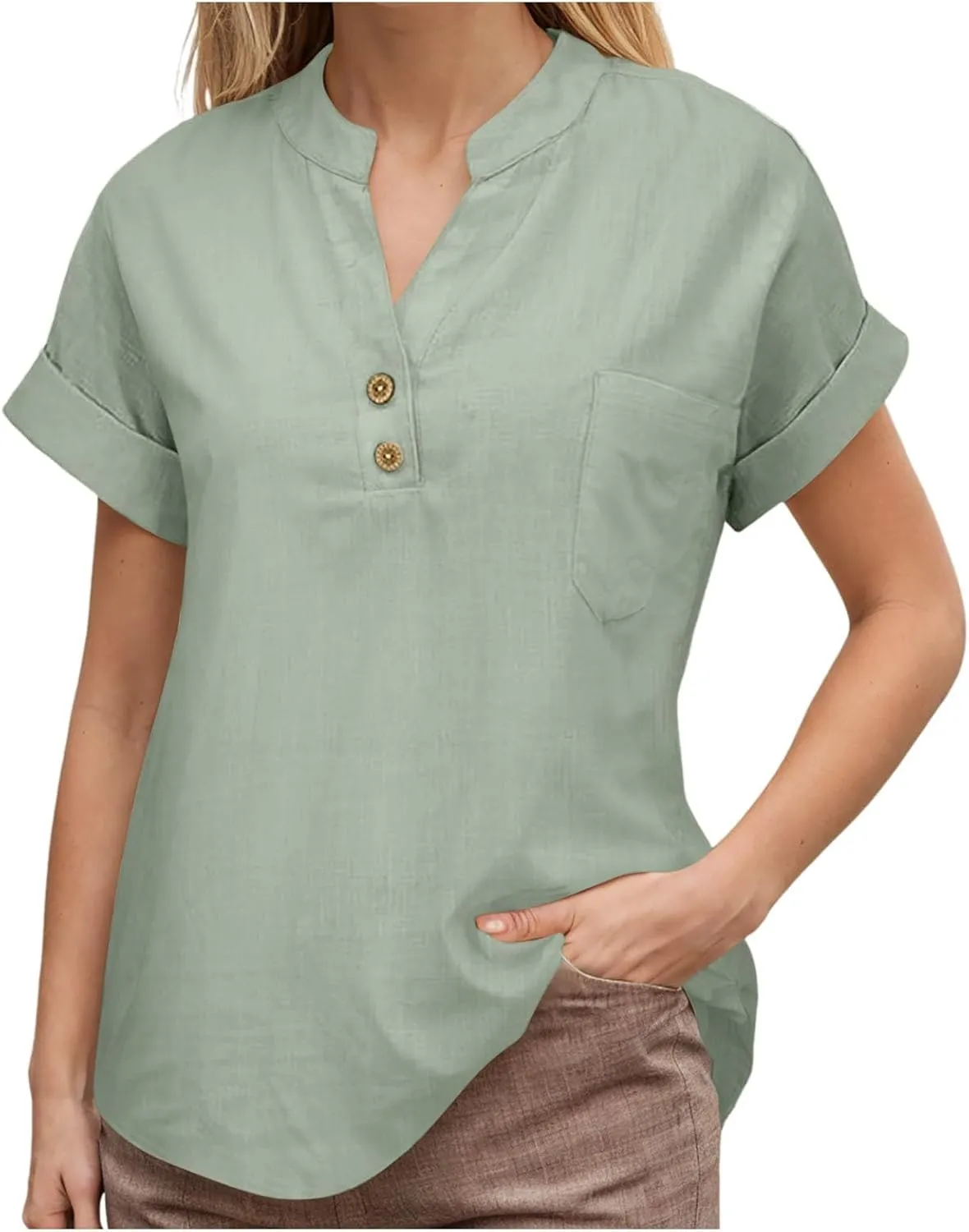 Linen Shirts for Women Plus Size Summer Loose Fit Button Down Shirts Roll Up Sleeve Tops Cotton Linen Work Blouses