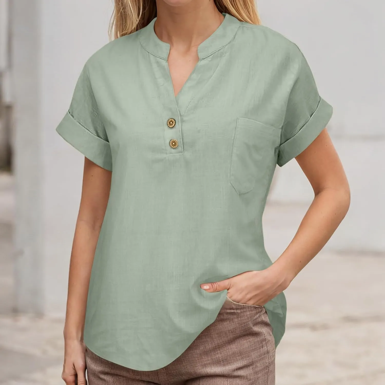 Linen Shirts for Women Plus Size Summer Loose Fit Button Down Shirts Roll Up Sleeve Tops Cotton Linen Work Blouses