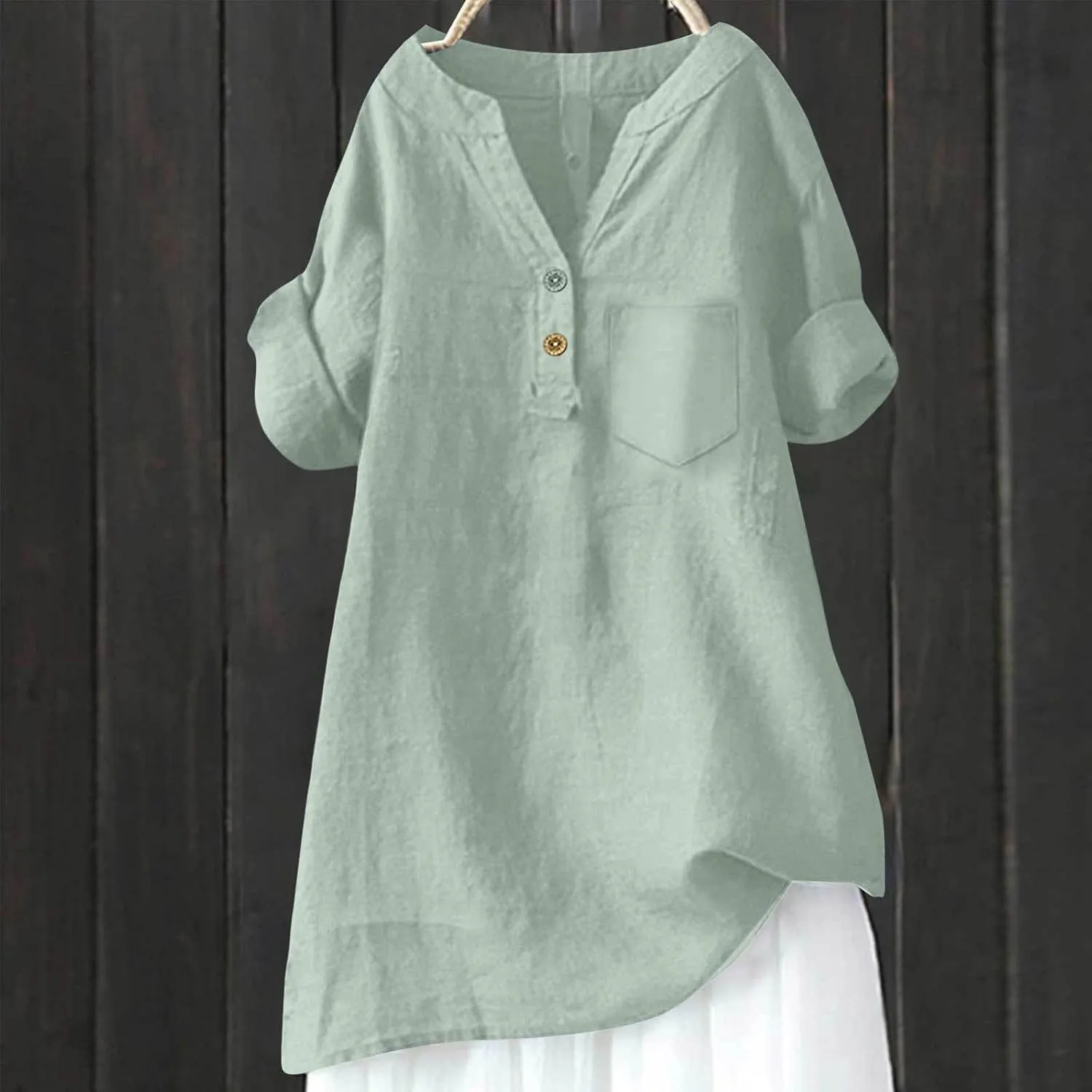 Linen Shirts for Women Plus Size Summer Loose Fit Button Down Shirts Roll Up Sleeve Tops Cotton Linen Work Blouses