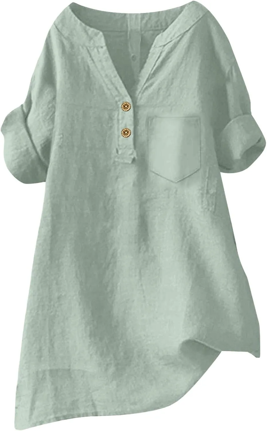 Linen Shirts for Women Plus Size Summer Loose Fit Button Down Shirts Roll Up Sleeve Tops Cotton Linen Work Blouses