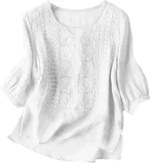 Linen Shirts for Women Shirts V Neck Roll Up Sleeve Blouses Tops White Cover Up Shirt Womens Casual V Neck 3/4