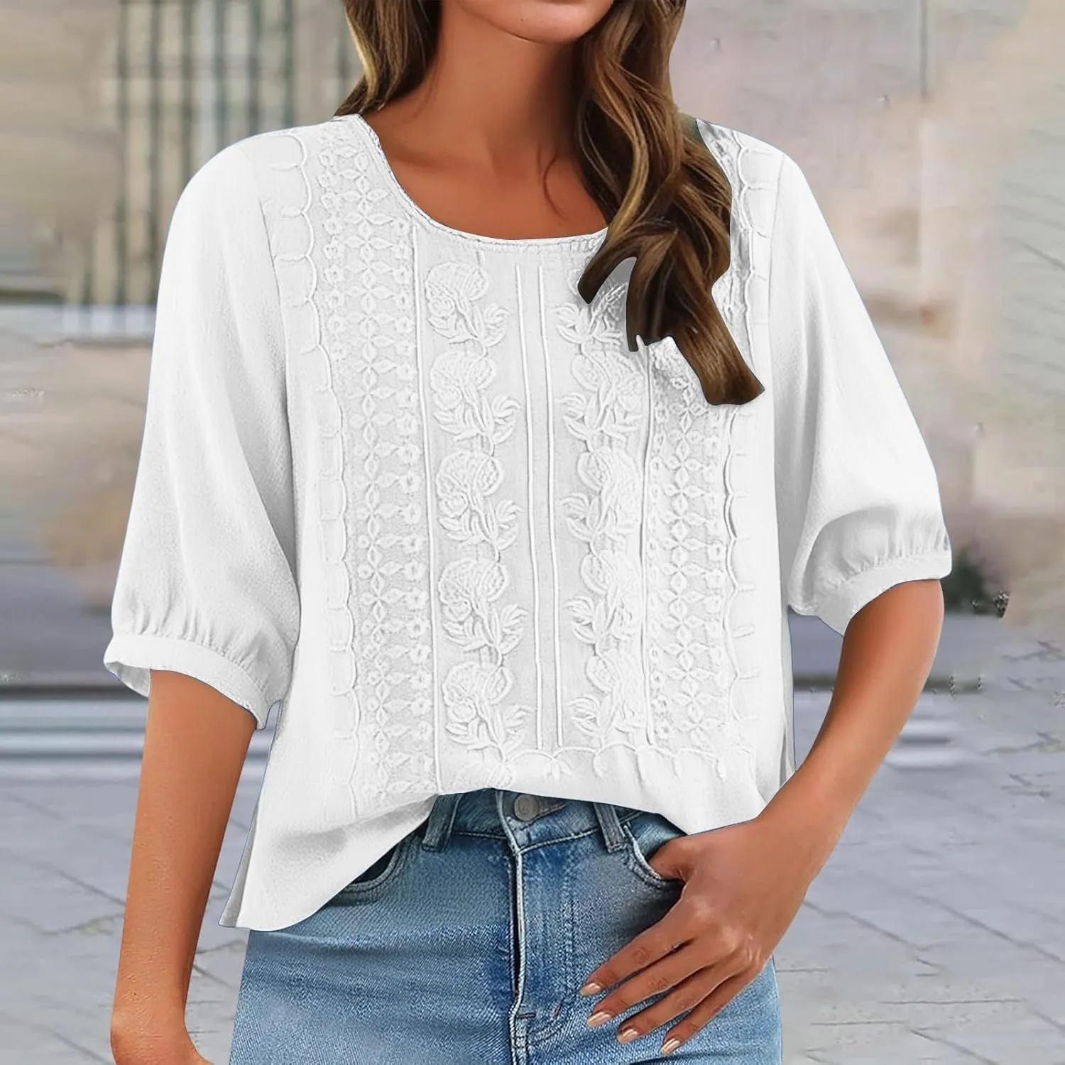 Linen Shirts for Women Shirts V Neck Roll Up Sleeve Blouses Tops White Cover Up Shirt Womens Casual V Neck 3/4