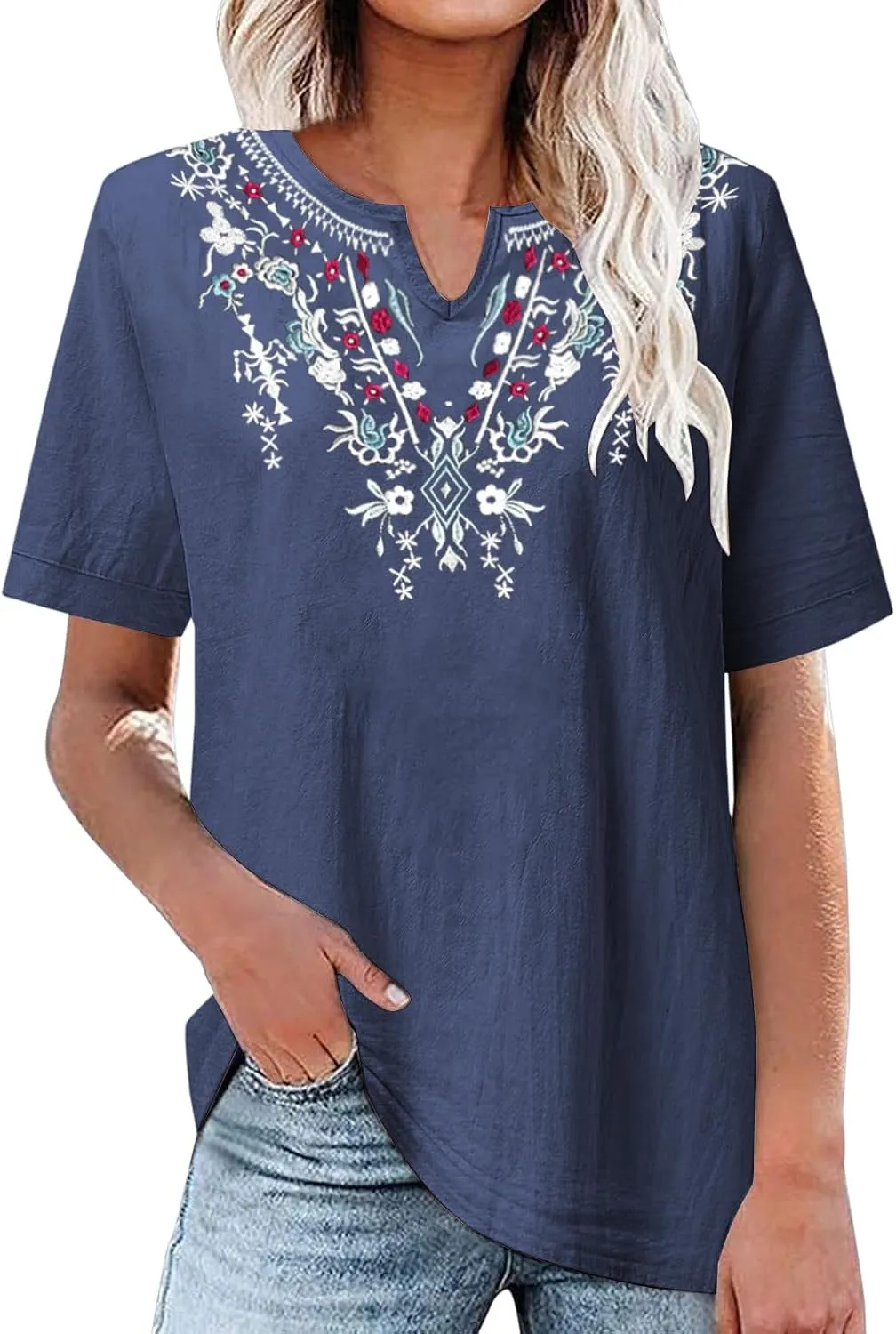 Linen Shirts for Women Short Sleeve Fashion Solid Color Blouses Trendy Loose Fit V-Neck T-Shirts Summer Clothes