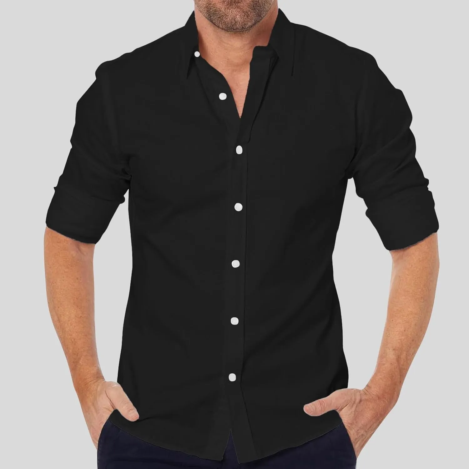 Linen Shirts Men Long Sleeve Cotton Button Down Solid Color Dress Shirt Lapel Trendy Casual Comfy Summer Tees Blouses