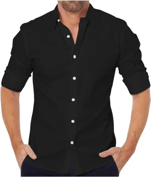 Linen Shirts Men Long Sleeve Cotton Button Down Solid Color Dress Shirt Lapel Trendy Casual Comfy Summer Tees Blouses