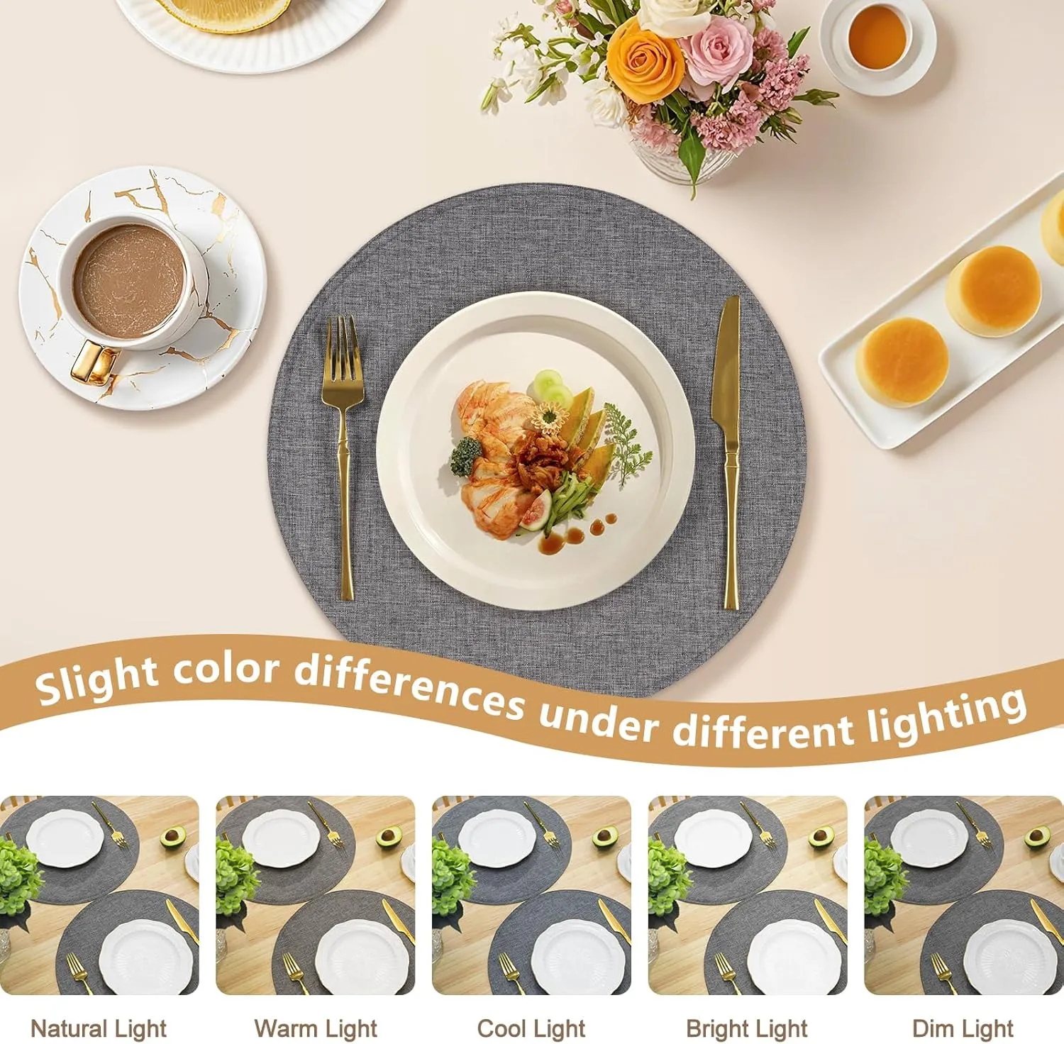 Linen Style Round Placemats Set of 6, 15 Inch Double Layer Washable Heat Resistant Table Mats, Machine Washable & Wrinkle-Free Fabric, Non-Slip Dining Place Mats for Indoor/Outdoor (Dark Grey)