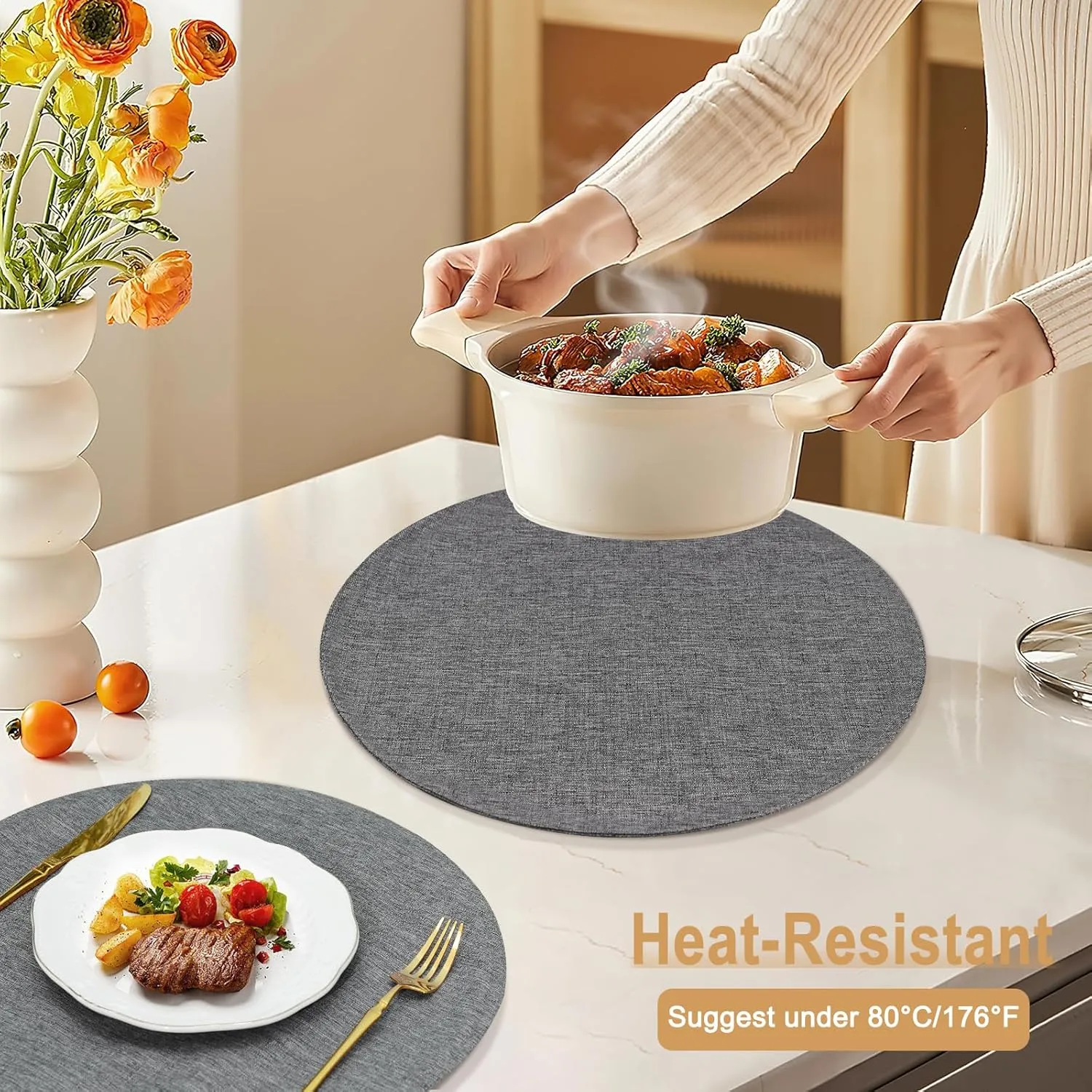 Linen Style Round Placemats Set of 6, 15 Inch Double Layer Washable Heat Resistant Table Mats, Machine Washable & Wrinkle-Free Fabric, Non-Slip Dining Place Mats for Indoor/Outdoor (Dark Grey)