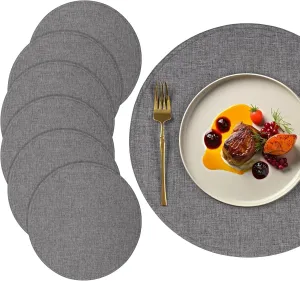 Linen Style Round Placemats Set of 6, 15 Inch Double Layer Washable Heat Resistant Table Mats, Machine Washable & Wrinkle-Free Fabric, Non-Slip Dining Place Mats for Indoor/Outdoor (Dark Grey)