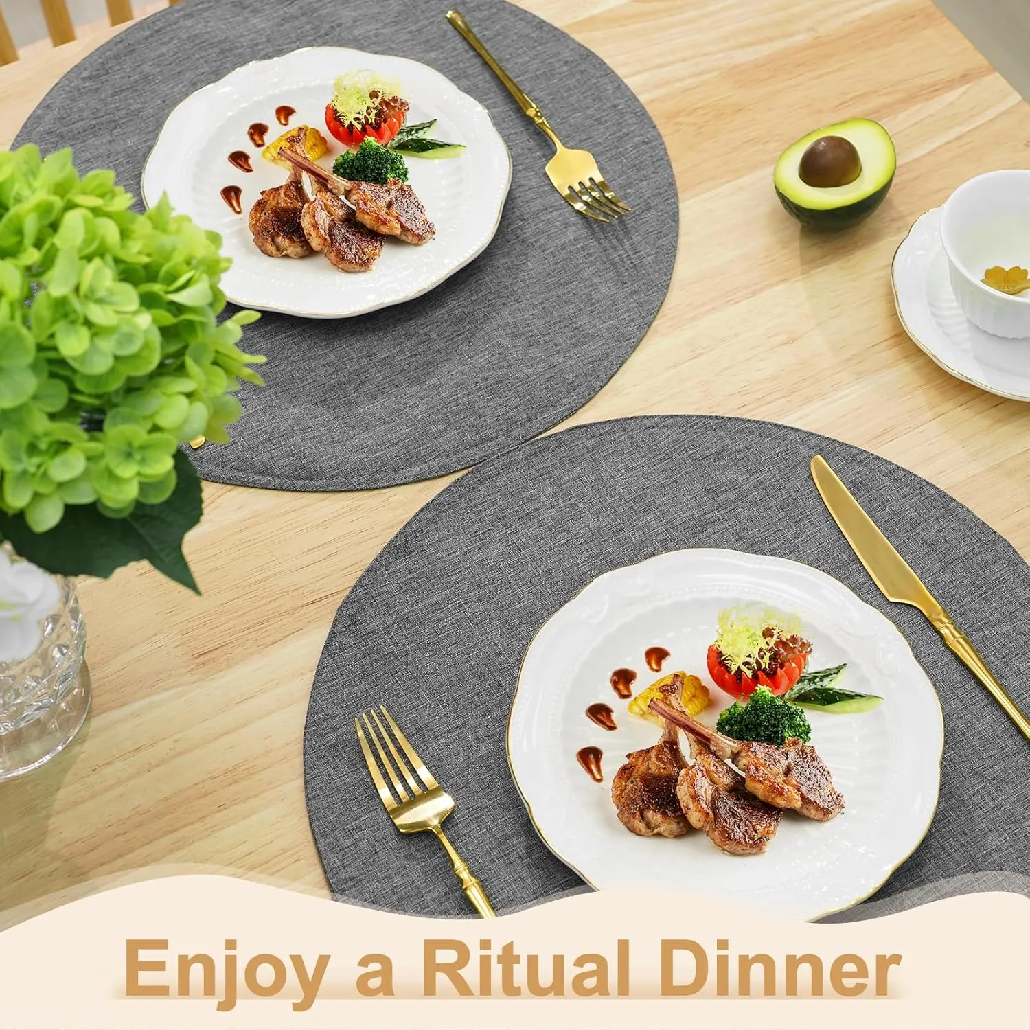 Linen Style Round Placemats Set of 6, 15 Inch Double Layer Washable Heat Resistant Table Mats, Machine Washable & Wrinkle-Free Fabric, Non-Slip Dining Place Mats for Indoor/Outdoor (Dark Grey)