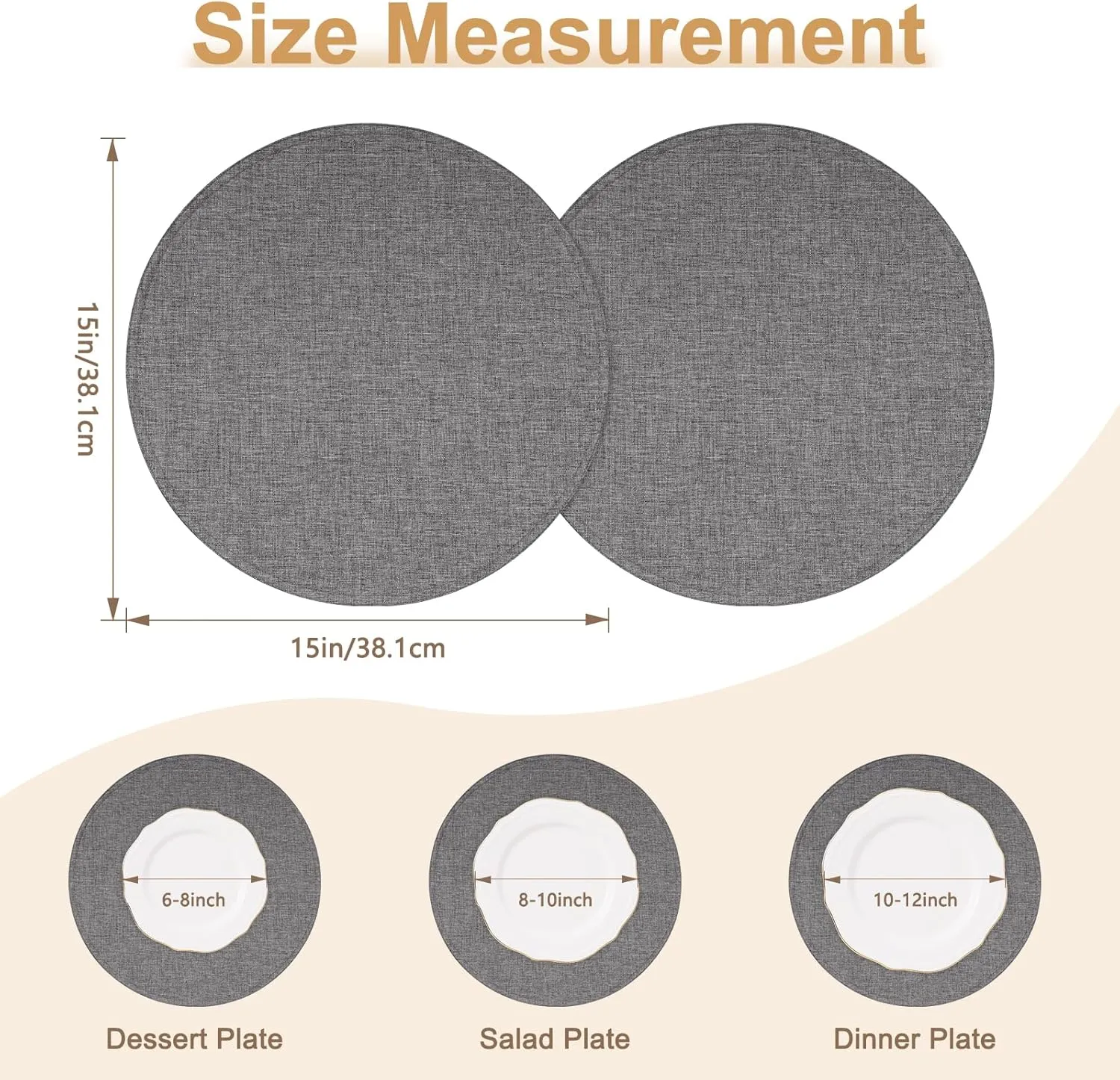 Linen Style Round Placemats Set of 6, 15 Inch Double Layer Washable Heat Resistant Table Mats, Machine Washable & Wrinkle-Free Fabric, Non-Slip Dining Place Mats for Indoor/Outdoor (Dark Grey)
