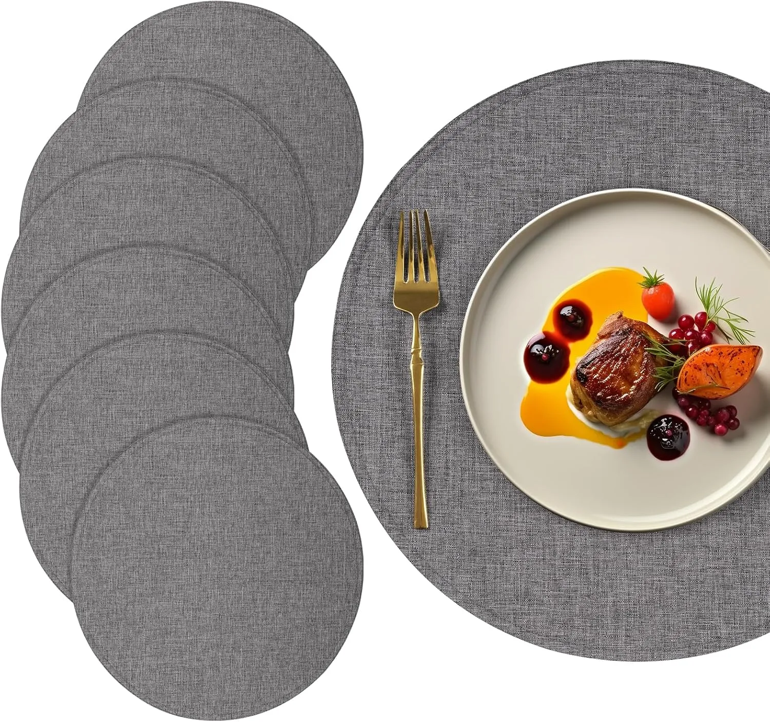 Linen Style Round Placemats Set of 6, 15 Inch Double Layer Washable Heat Resistant Table Mats, Machine Washable & Wrinkle-Free Fabric, Non-Slip Dining Place Mats for Indoor/Outdoor (Dark Grey)