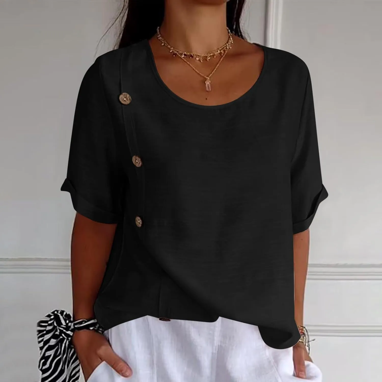Linen Tops for Women Summer Loose Fit Crewneck Button Down Blouse Shirts Dressy Casual Short Sleeve Clothes