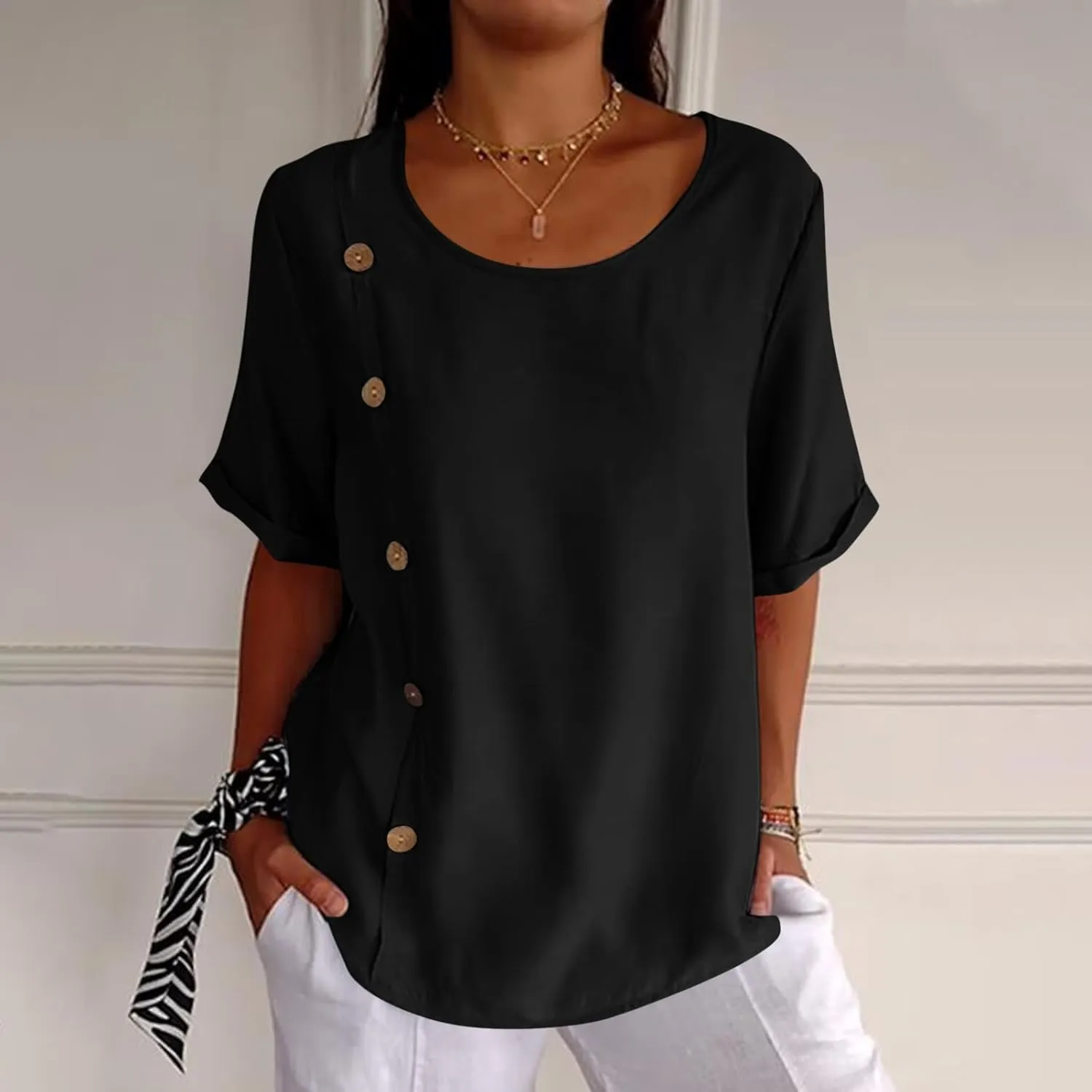 Linen Tops for Women Summer Loose Fit Crewneck Button Down Blouse Shirts Dressy Casual Short Sleeve Clothes