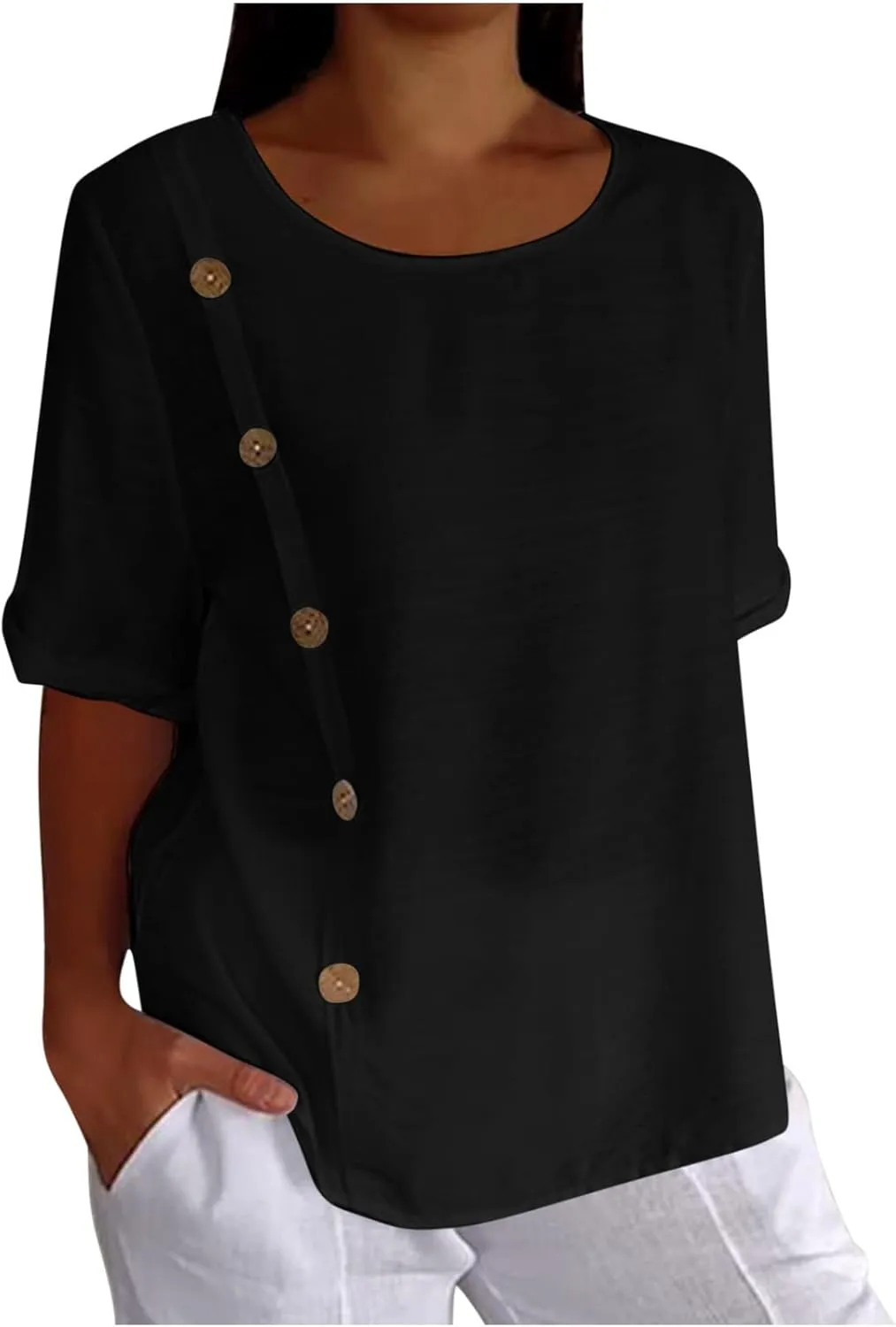 Linen Tops for Women Summer Loose Fit Crewneck Button Down Blouse Shirts Dressy Casual Short Sleeve Clothes