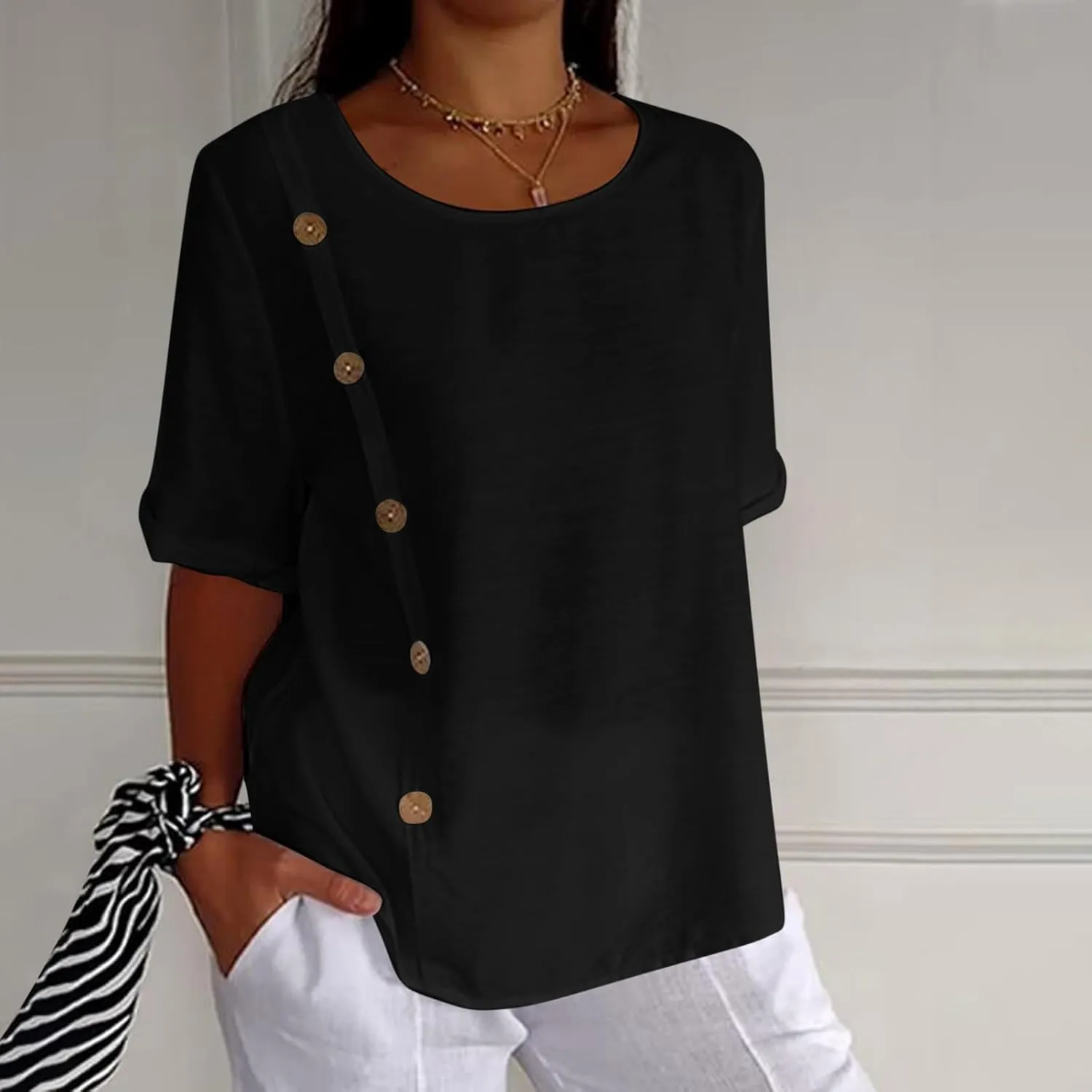 Linen Tops for Women Summer Loose Fit Crewneck Button Down Blouse Shirts Dressy Casual Short Sleeve Clothes