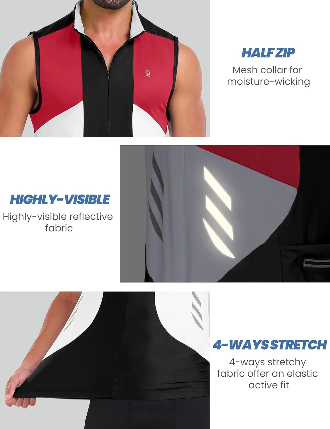 Little Donkey Andy Men's Half Zip Breathable Cycling Vests Reflective Sleeveless Jerseys Lightweight Bicycle Running