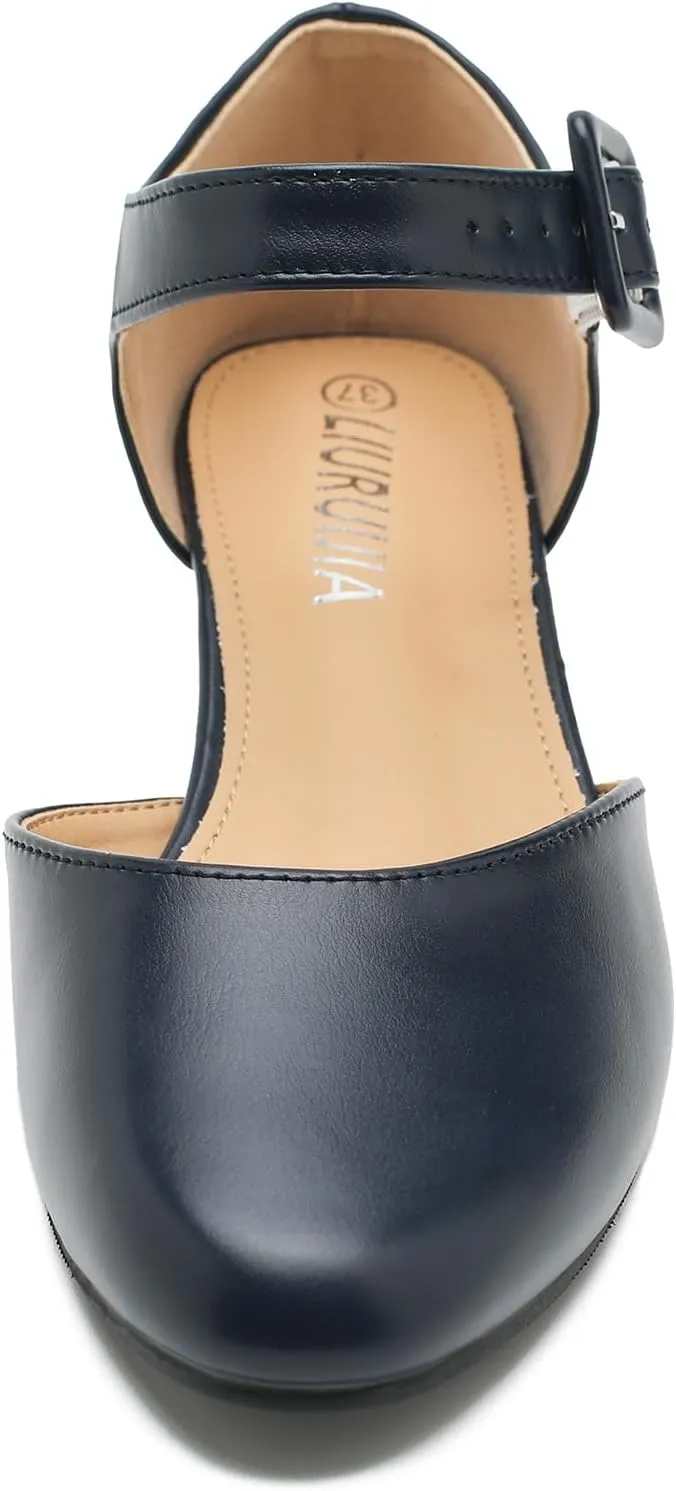 LIURUIJIA Women's Closed Toe Low Heel Dress Shoes Ankle Strap D'Orsay Work Office Comfortable Pumps