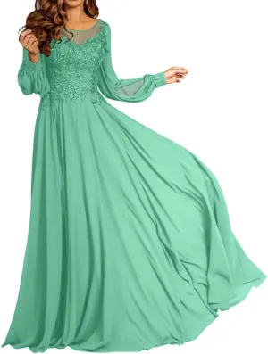 Long Mother of The Bride Dresses for Wedding Beach Chffion Long Sleeves Sparkly Lace Formal Dress for Women 2025