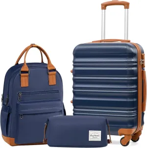 LONG VACATION 3 Piece Luggage Set 20 IN Carry on Suitcase ABS PC Handshell Luggage with Spinner Wheels & YKK Zipper TSA Lock (20 INCH (BP/TB), NAVY)