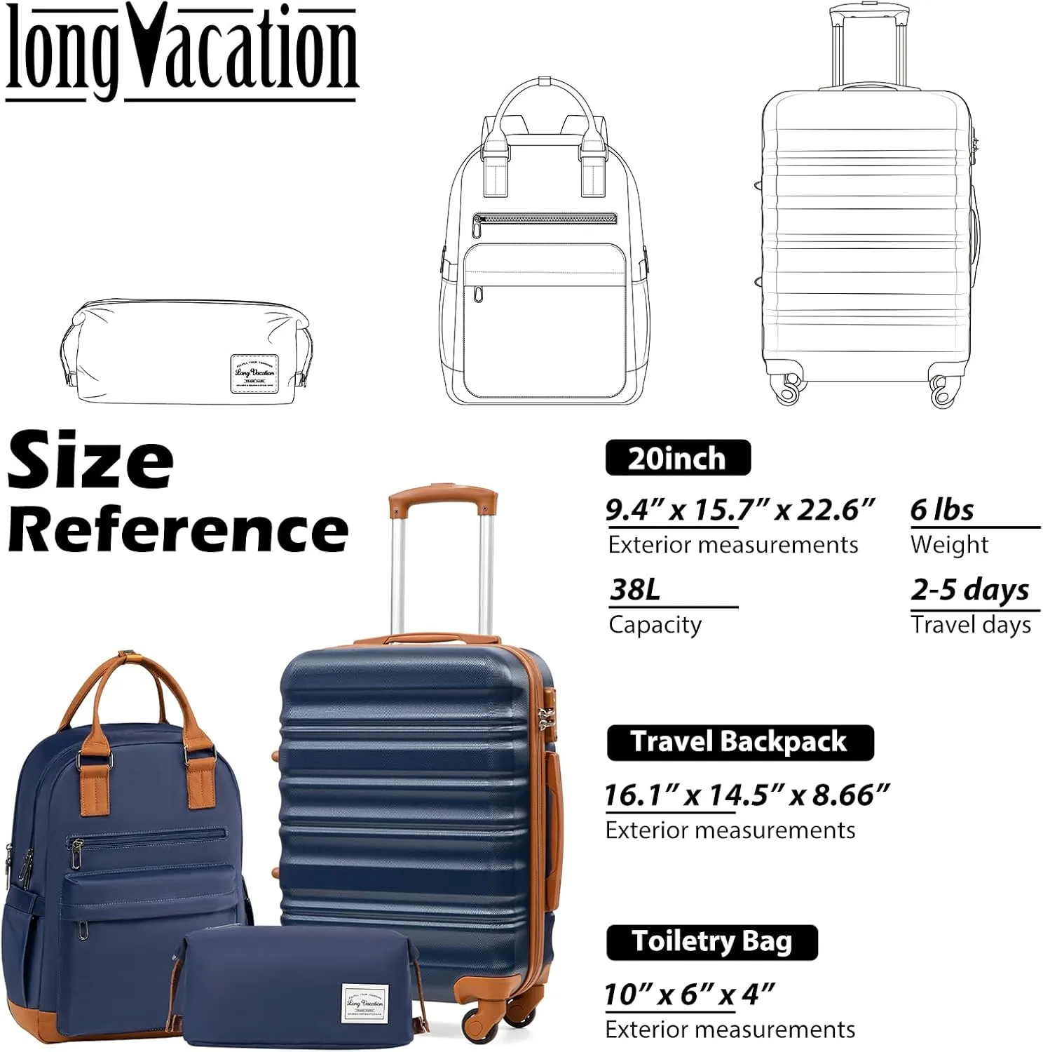 LONG VACATION 3 Piece Luggage Set 20 IN Carry on Suitcase ABS PC Handshell Luggage with Spinner Wheels & YKK Zipper TSA Lock (20 INCH (BP/TB), NAVY)