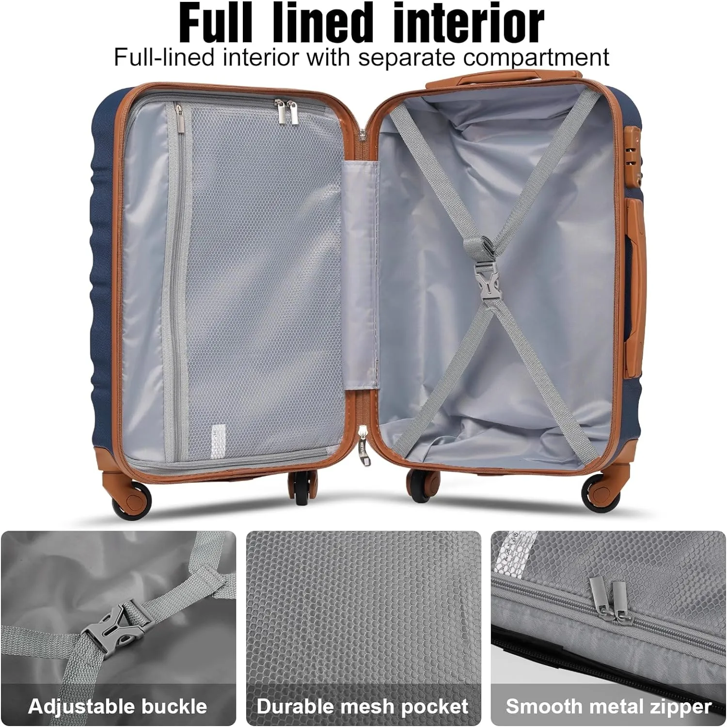 LONG VACATION 3 Piece Luggage Set 20 IN Carry on Suitcase ABS PC Handshell Luggage with Spinner Wheels & YKK Zipper TSA Lock (20 INCH (BP/TB), NAVY)