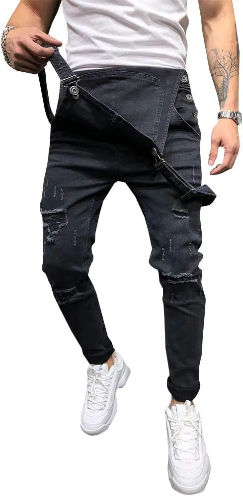 LONGBIDA Men's Denim Bib Overalls Fashion Slim Fit Jumpsuit with Pockets